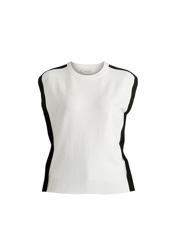 Contrast Trim Round Neck Knit Top in White and Black Cutout